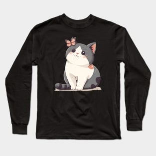 Cute Kawaii Cat and Butterfly Long Sleeve T-Shirt